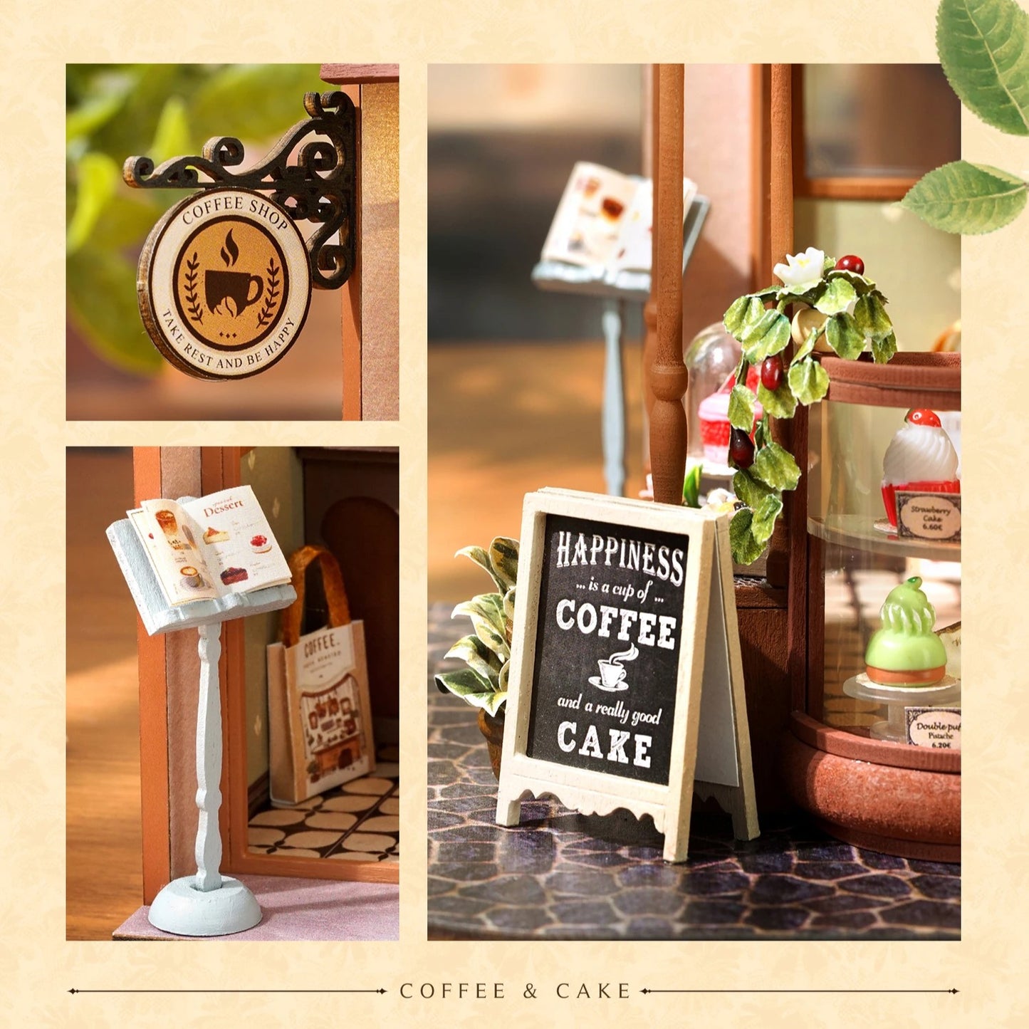 DIY mini house kit “Perch & Latte Loft,” featuring a cozy two-story coffee shop with a glowing café interior, reading nook, lace-curtained loft, and tiny desserts. A warm and detailed build for DIY and crafts lovers and fans of miniature homes.