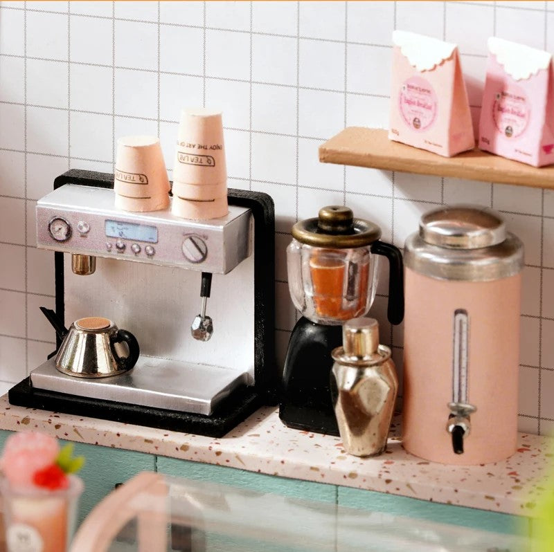 DIY miniature tea shop kit with pastel counters, bubble tea decor, and tiny accessories — perfect for miniatures lovers, DIY crafts, book nook fans, and small DIY house projects.