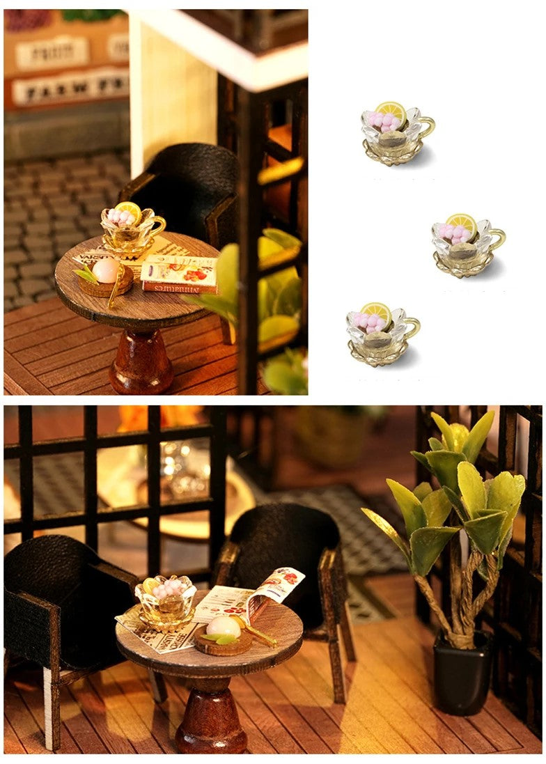 DIY miniature house kit of a two-story garden loft café with spiral stairs, tiny furniture, plants, and glowing lights – perfect for craft ideas, diy and crafts, miniature mansion lovers, and diy miniature home building.