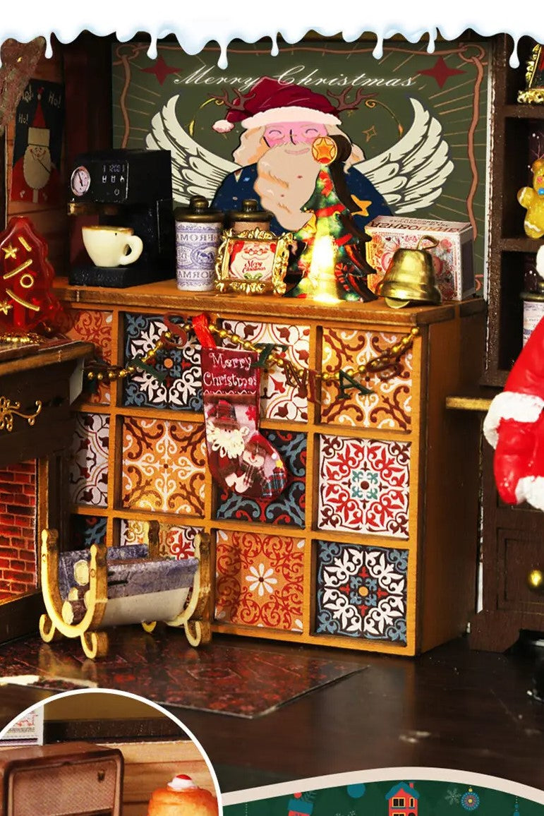 DIY miniature Christmas shop called “Jolly & Pine Christmas Shoppe,” featuring snow-dusted rooftops, holiday lights, a sleigh, Christmas tree, and cozy window displays. Ideal for holiday crafts, DIY mini home kits, and miniature house collectors.