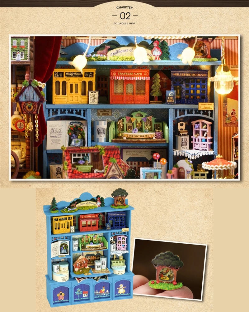 DIY Mini House kit featuring a whimsical miniature dollhouse store called “Once Upon a Time Dollhouse Shop,” with fairy tale décor, tiny dollhouses, and detailed interiors. Perfect for DIY and crafts lovers, miniature mansion collectors, and book nook enthusiasts looking for magical craft ideas.