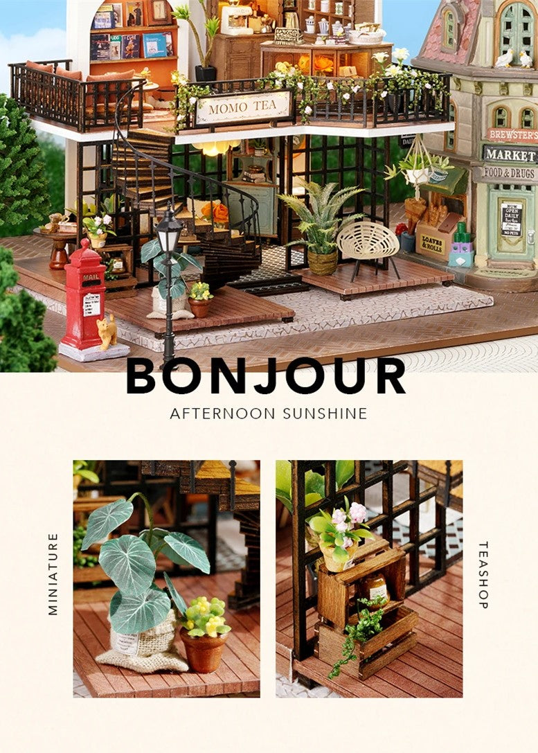 DIY miniature house kit of a two-story garden loft café with spiral stairs, tiny furniture, plants, and glowing lights – perfect for craft ideas, diy and crafts, miniature mansion lovers, and diy miniature home building.