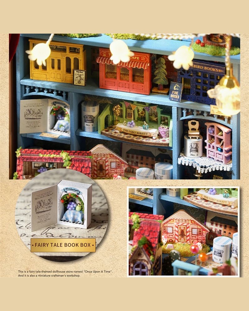 DIY Mini House kit featuring a whimsical miniature dollhouse store called “Once Upon a Time Dollhouse Shop,” with fairy tale décor, tiny dollhouses, and detailed interiors. Perfect for DIY and crafts lovers, miniature mansion collectors, and book nook enthusiasts looking for magical craft ideas.