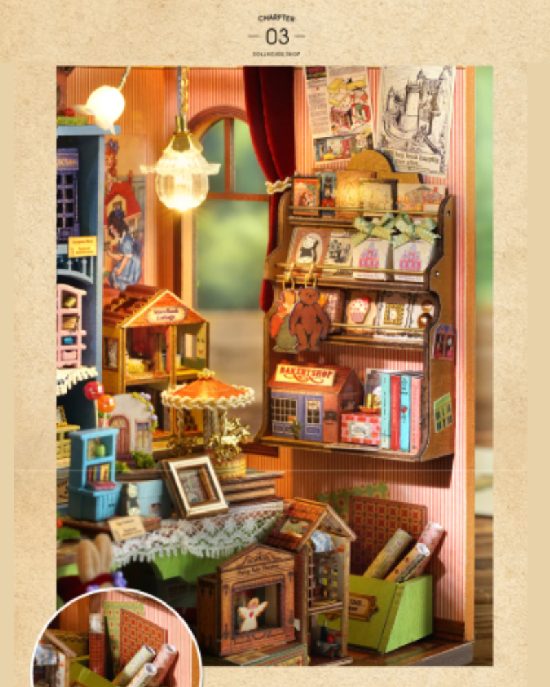 DIY Mini House kit featuring a whimsical miniature dollhouse store called “Once Upon a Time Dollhouse Shop,” with fairy tale décor, tiny dollhouses, and detailed interiors. Perfect for DIY and crafts lovers, miniature mansion collectors, and book nook enthusiasts looking for magical craft ideas.