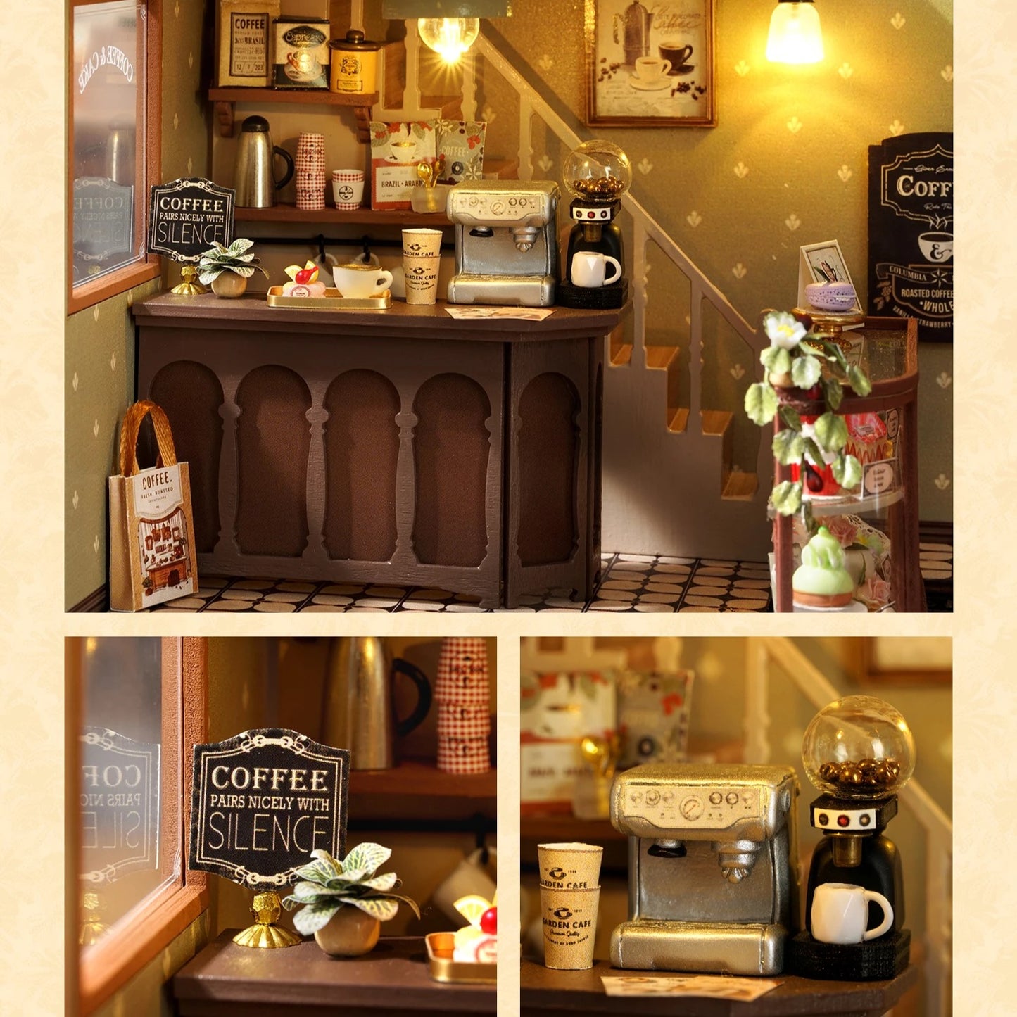 DIY mini house kit “Perch & Latte Loft,” featuring a cozy two-story coffee shop with a glowing café interior, reading nook, lace-curtained loft, and tiny desserts. A warm and detailed build for DIY and crafts lovers and fans of miniature homes.