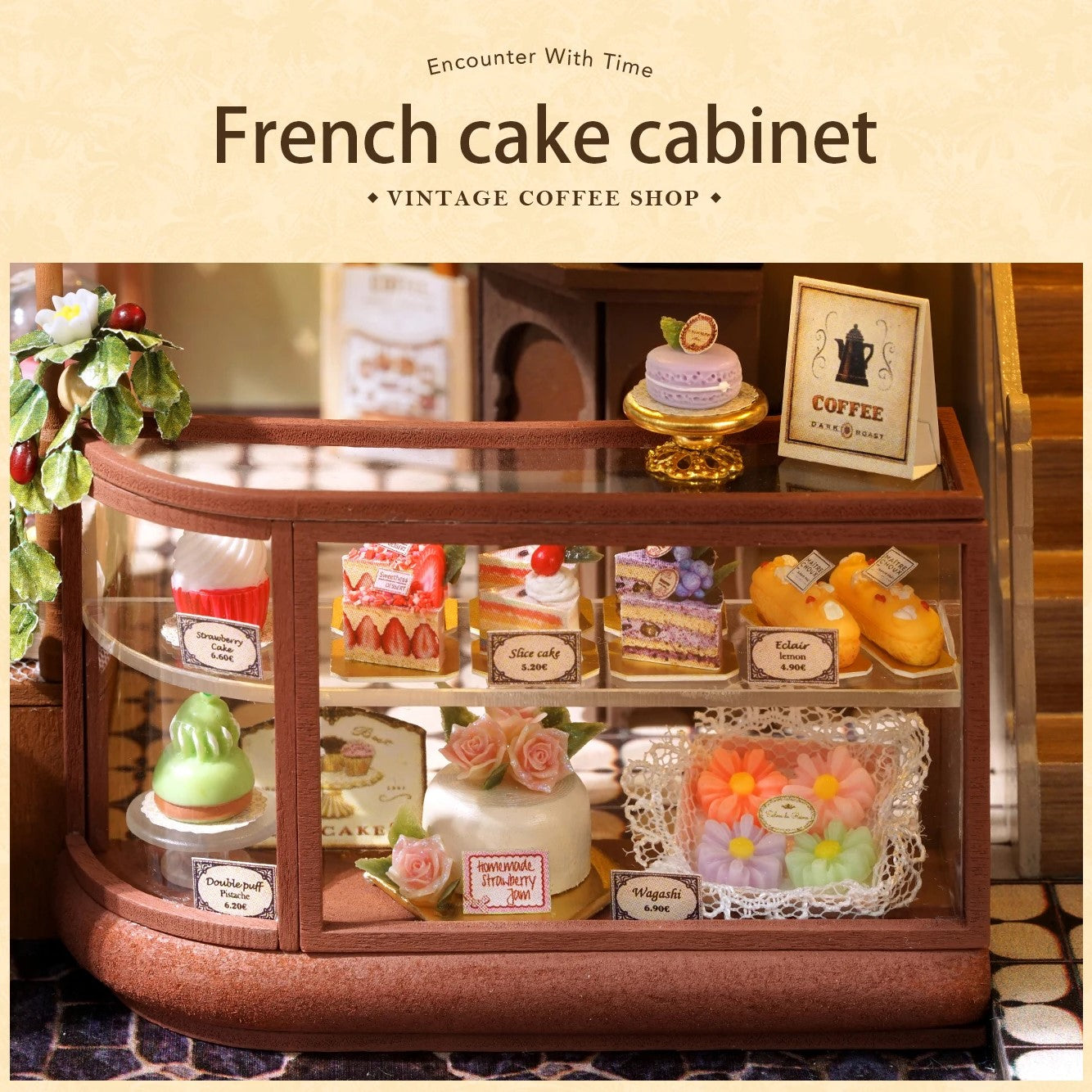 DIY mini house kit “Perch & Latte Loft,” featuring a cozy two-story coffee shop with a glowing café interior, reading nook, lace-curtained loft, and tiny desserts. A warm and detailed build for DIY and crafts lovers and fans of miniature homes.