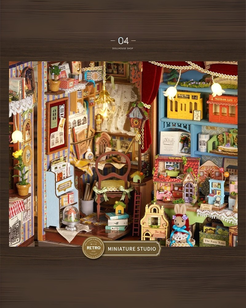 DIY Mini House kit featuring a whimsical miniature dollhouse store called “Once Upon a Time Dollhouse Shop,” with fairy tale décor, tiny dollhouses, and detailed interiors. Perfect for DIY and crafts lovers, miniature mansion collectors, and book nook enthusiasts looking for magical craft ideas.