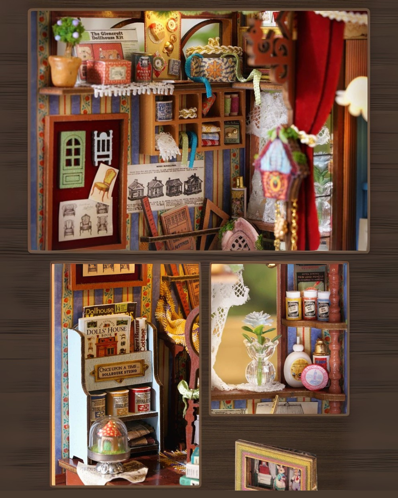 DIY Mini House kit featuring a whimsical miniature dollhouse store called “Once Upon a Time Dollhouse Shop,” with fairy tale décor, tiny dollhouses, and detailed interiors. Perfect for DIY and crafts lovers, miniature mansion collectors, and book nook enthusiasts looking for magical craft ideas.
