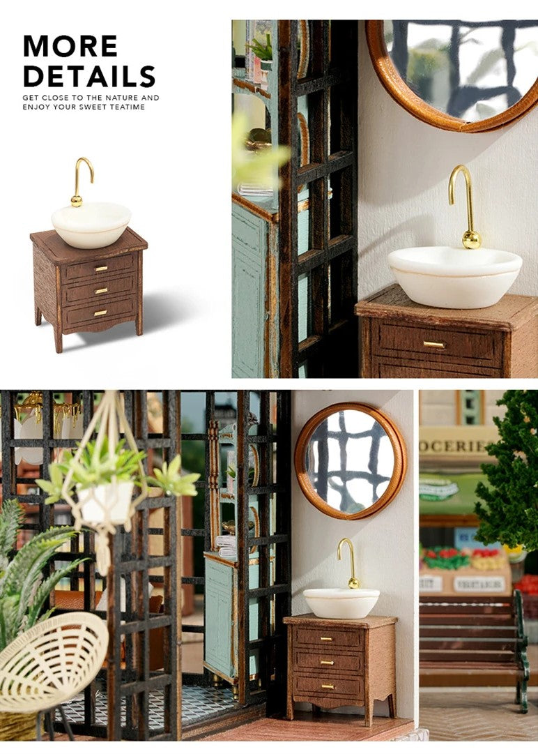 DIY miniature house kit of a two-story garden loft café with spiral stairs, tiny furniture, plants, and glowing lights – perfect for craft ideas, diy and crafts, miniature mansion lovers, and diy miniature home building.