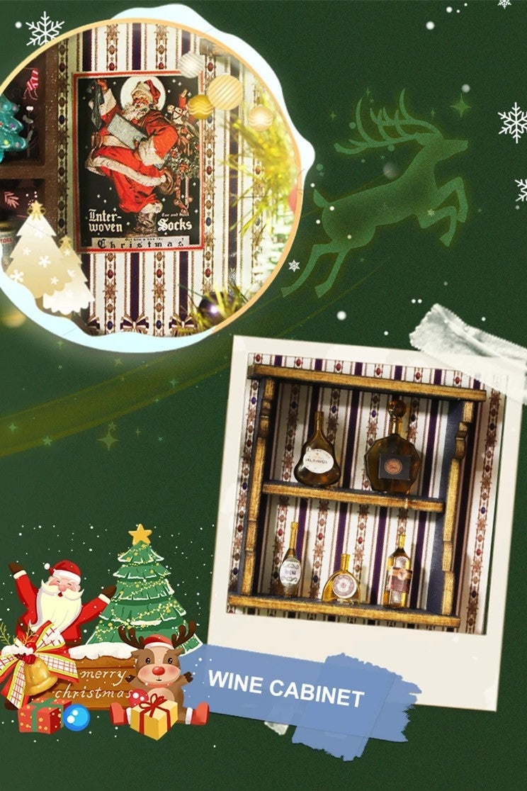 DIY miniature Christmas shop called “Jolly & Pine Christmas Shoppe,” featuring snow-dusted rooftops, holiday lights, a sleigh, Christmas tree, and cozy window displays. Ideal for holiday crafts, DIY mini home kits, and miniature house collectors.