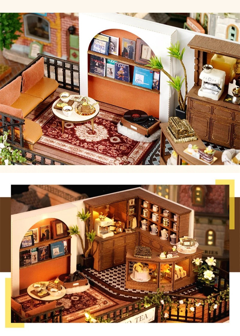 DIY miniature house kit of a two-story garden loft café with spiral stairs, tiny furniture, plants, and glowing lights – perfect for craft ideas, diy and crafts, miniature mansion lovers, and diy miniature home building.