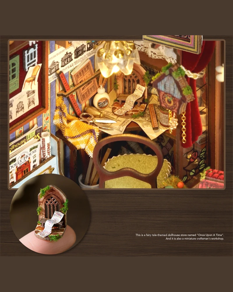 DIY Mini House kit featuring a whimsical miniature dollhouse store called “Once Upon a Time Dollhouse Shop,” with fairy tale décor, tiny dollhouses, and detailed interiors. Perfect for DIY and crafts lovers, miniature mansion collectors, and book nook enthusiasts looking for magical craft ideas.