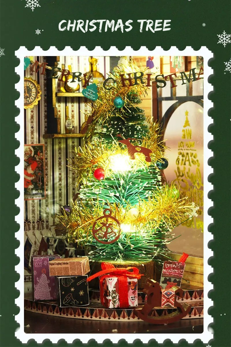 DIY miniature Christmas shop called “Jolly & Pine Christmas Shoppe,” featuring snow-dusted rooftops, holiday lights, a sleigh, Christmas tree, and cozy window displays. Ideal for holiday crafts, DIY mini home kits, and miniature house collectors.