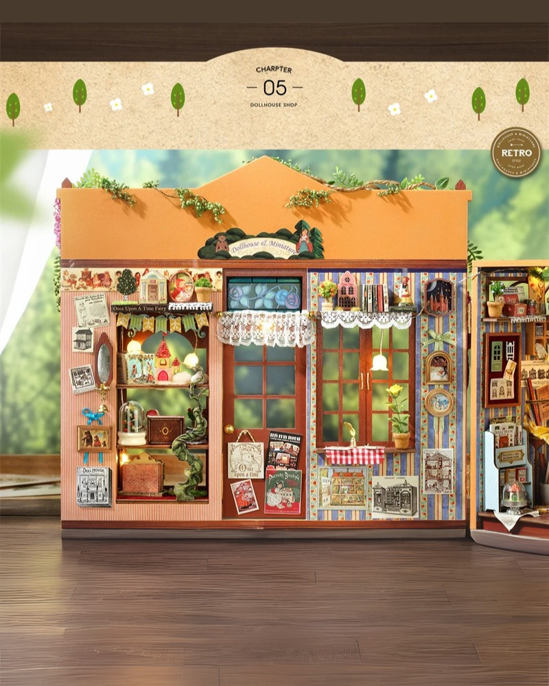 DIY Mini House kit featuring a whimsical miniature dollhouse store called “Once Upon a Time Dollhouse Shop,” with fairy tale décor, tiny dollhouses, and detailed interiors. Perfect for DIY and crafts lovers, miniature mansion collectors, and book nook enthusiasts looking for magical craft ideas.