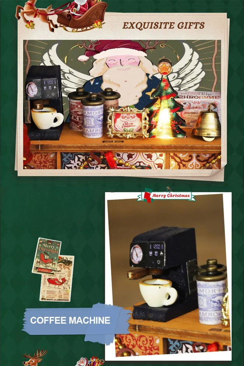 DIY miniature Christmas shop called “Jolly & Pine Christmas Shoppe,” featuring snow-dusted rooftops, holiday lights, a sleigh, Christmas tree, and cozy window displays. Ideal for holiday crafts, DIY mini home kits, and miniature house collectors.