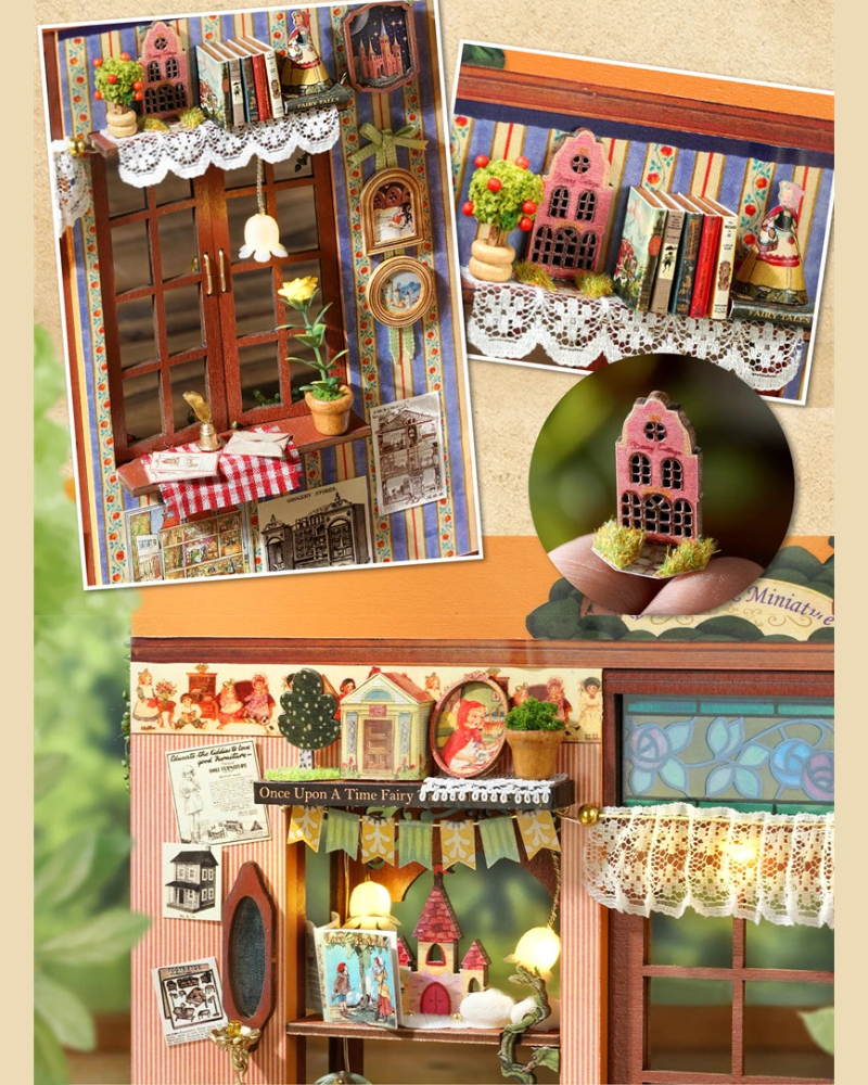 DIY Mini House kit featuring a whimsical miniature dollhouse store called “Once Upon a Time Dollhouse Shop,” with fairy tale décor, tiny dollhouses, and detailed interiors. Perfect for DIY and crafts lovers, miniature mansion collectors, and book nook enthusiasts looking for magical craft ideas.