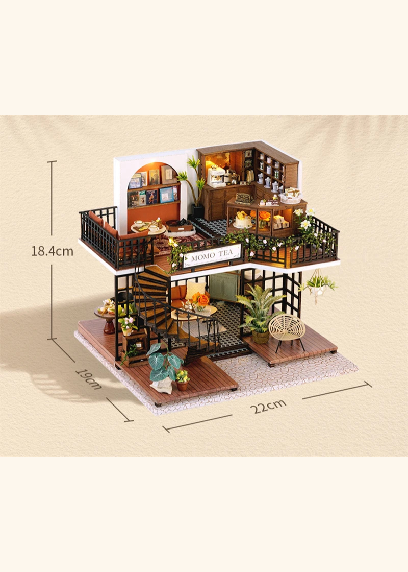 DIY miniature house kit of a two-story garden loft café with spiral stairs, tiny furniture, plants, and glowing lights – perfect for craft ideas, diy and crafts, miniature mansion lovers, and diy miniature home building.