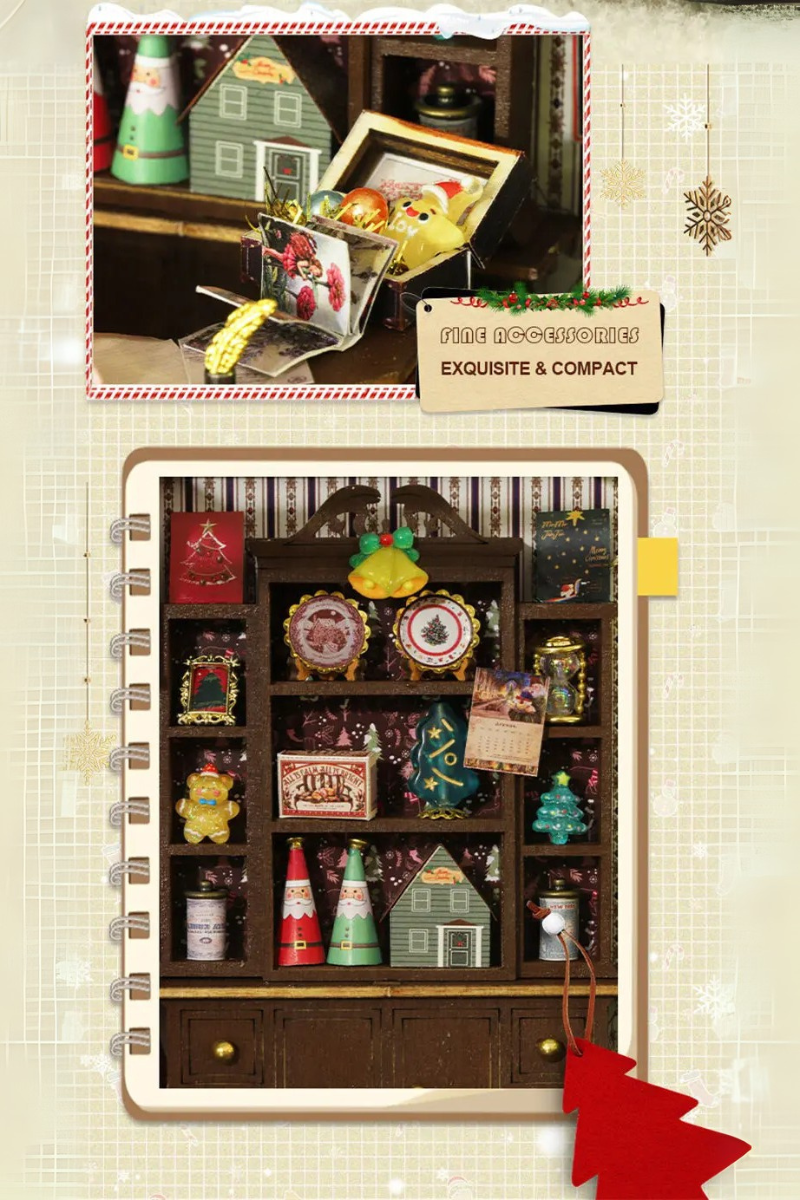 DIY miniature Christmas shop called “Jolly & Pine Christmas Shoppe,” featuring snow-dusted rooftops, holiday lights, a sleigh, Christmas tree, and cozy window displays. Ideal for holiday crafts, DIY mini home kits, and miniature house collectors.