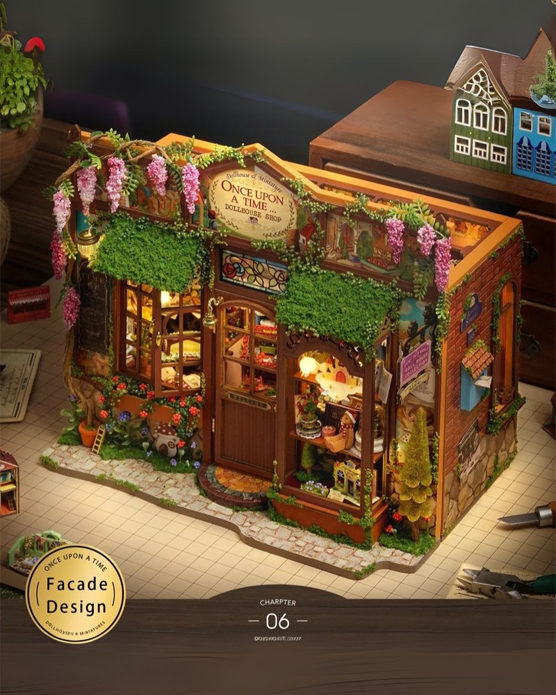 DIY Mini House kit featuring a whimsical miniature dollhouse store called “Once Upon a Time Dollhouse Shop,” with fairy tale décor, tiny dollhouses, and detailed interiors. Perfect for DIY and crafts lovers, miniature mansion collectors, and book nook enthusiasts looking for magical craft ideas.