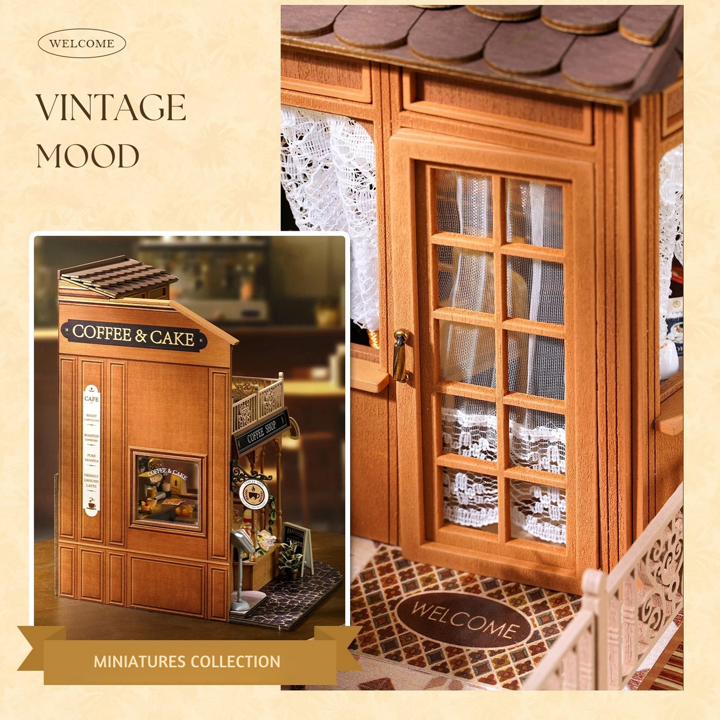 DIY mini house kit “Perch & Latte Loft,” featuring a cozy two-story coffee shop with a glowing café interior, reading nook, lace-curtained loft, and tiny desserts. A warm and detailed build for DIY and crafts lovers and fans of miniature homes.