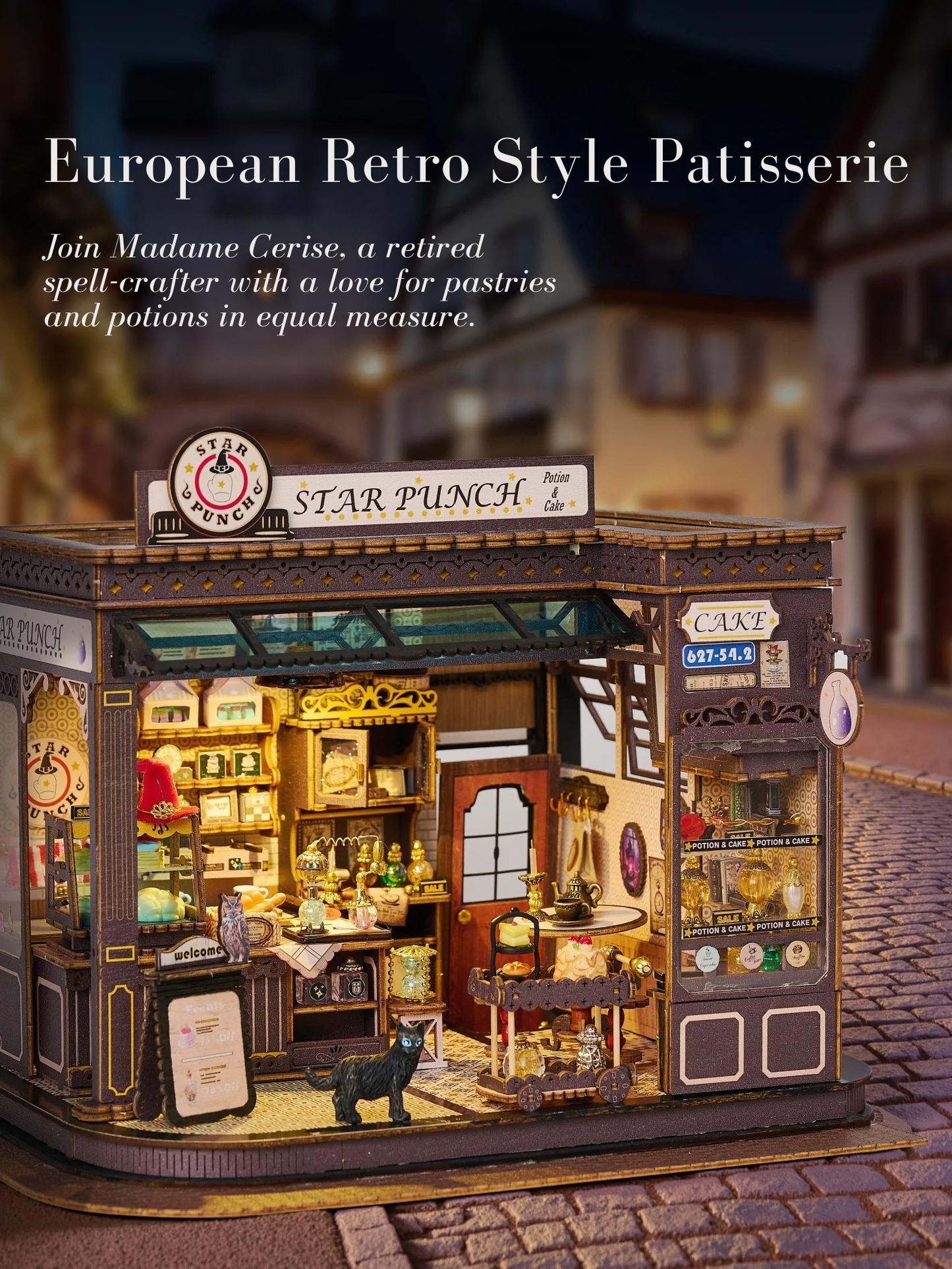 DIY miniature kit featuring “Potion Patisserie,” a whimsical cake and potion shop. Includes magical decor, sweets, golden teapots, and a black cat. Ideal for DIY and crafts lovers, fantasy collectors, and tiny dollhouse hobbyists.