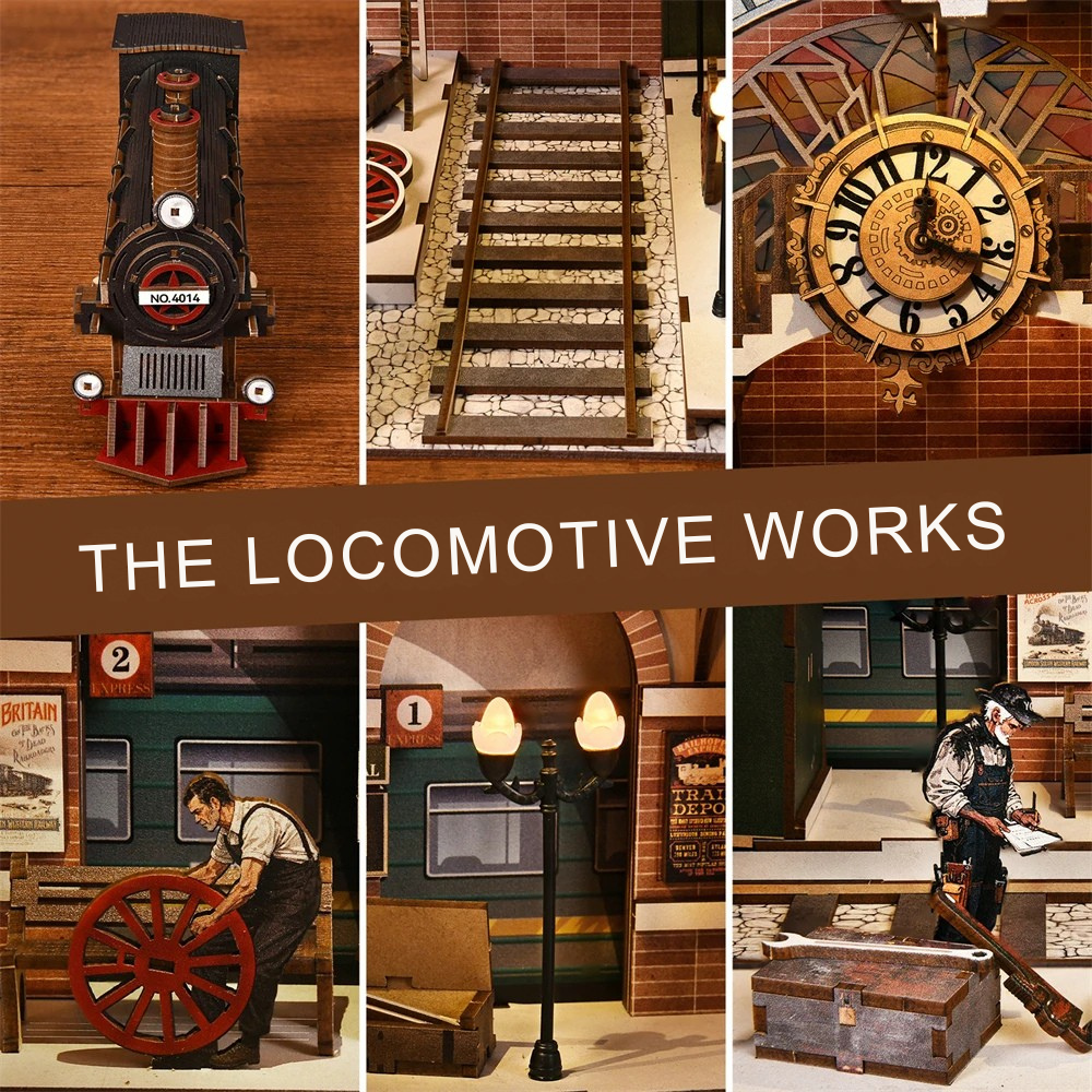 DIY miniature house kit of a vintage locomotive train repair station with intricate gears, scale model train, and glowing interior lights – perfect for craft ideas, DIY and crafts, miniature mansion lovers, and DIY book nook kit collectors.