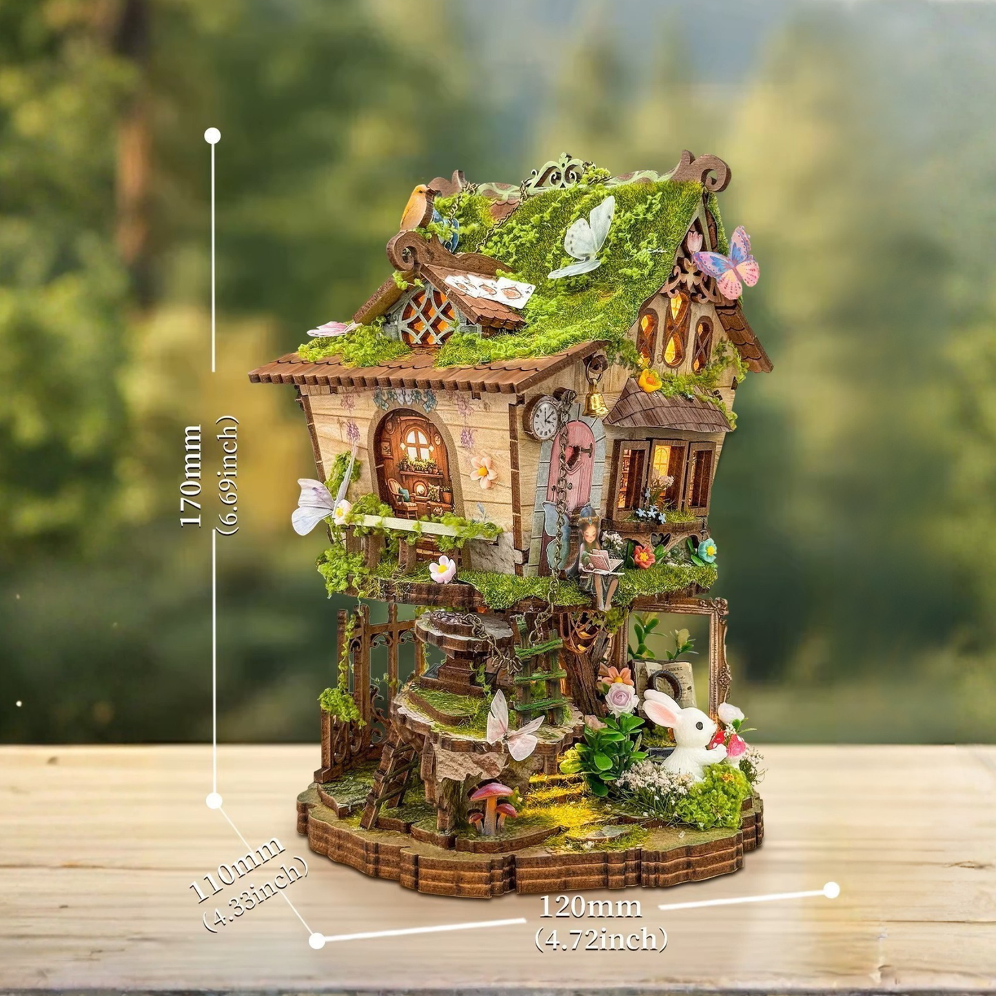 DIY mini house kit “Bramblebrook Treehouse,” featuring a whimsical forest treehouse with rope ladders, lanterns, miniature furniture, and leafy branches. A nature-inspired DIY and crafts project perfect for miniature lovers and woodland fantasy fans.