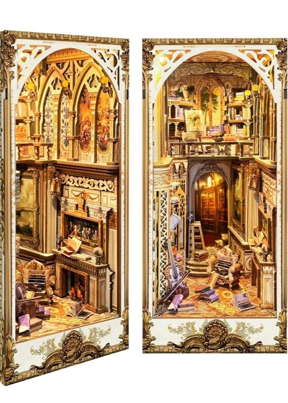 DIY Victorian library book nook kit with wooden shelves, tiny books, and vintage chair — perfect for miniature lovers, book nook fans, and DIY crafts.