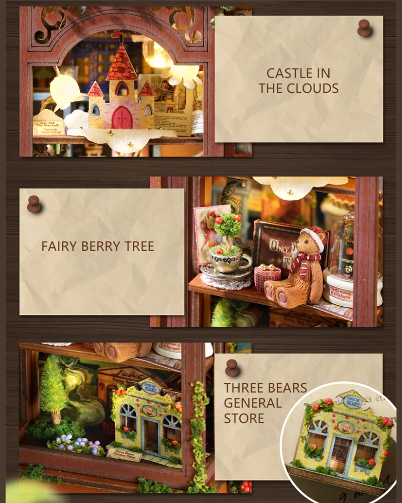 DIY Mini House kit featuring a whimsical miniature dollhouse store called “Once Upon a Time Dollhouse Shop,” with fairy tale décor, tiny dollhouses, and detailed interiors. Perfect for DIY and crafts lovers, miniature mansion collectors, and book nook enthusiasts looking for magical craft ideas.