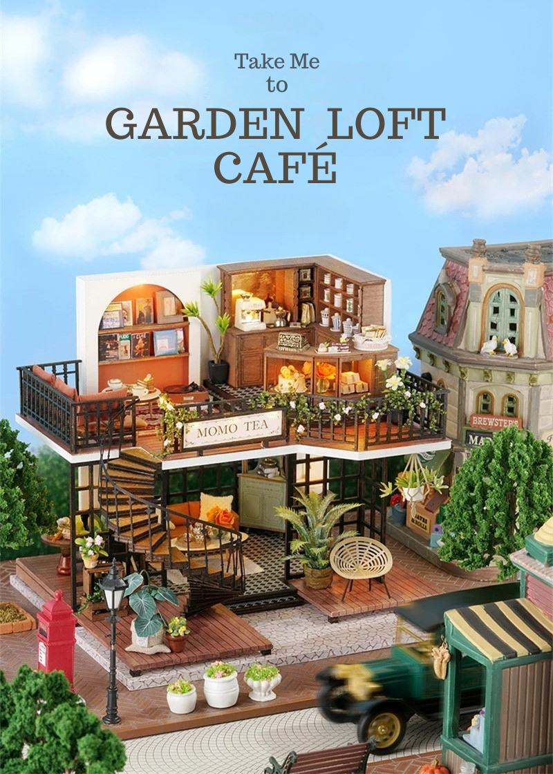 DIY miniature house kit of a two-story garden loft café with spiral stairs, tiny furniture, plants, and glowing lights – perfect for craft ideas, diy and crafts, miniature mansion lovers, and diy miniature home building.