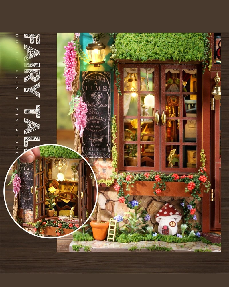 DIY Mini House kit featuring a whimsical miniature dollhouse store called “Once Upon a Time Dollhouse Shop,” with fairy tale décor, tiny dollhouses, and detailed interiors. Perfect for DIY and crafts lovers, miniature mansion collectors, and book nook enthusiasts looking for magical craft ideas.