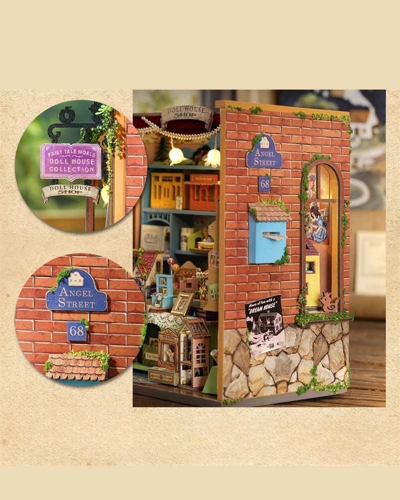 DIY Mini House kit featuring a whimsical miniature dollhouse store called “Once Upon a Time Dollhouse Shop,” with fairy tale décor, tiny dollhouses, and detailed interiors. Perfect for DIY and crafts lovers, miniature mansion collectors, and book nook enthusiasts looking for magical craft ideas.