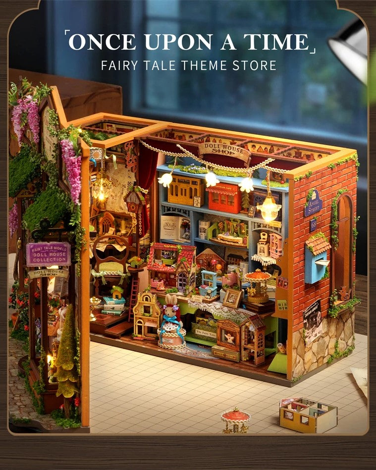 DIY Mini House kit featuring a whimsical miniature dollhouse store called “Once Upon a Time Dollhouse Shop,” with fairy tale décor, tiny dollhouses, and detailed interiors. Perfect for DIY and crafts lovers, miniature mansion collectors, and book nook enthusiasts looking for magical craft ideas.