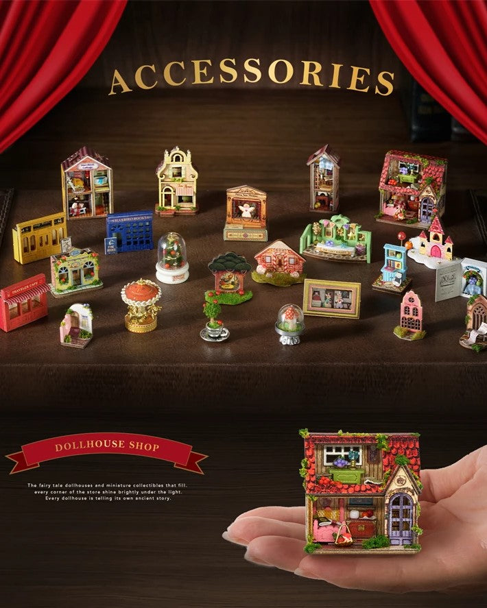 DIY Mini House kit featuring a whimsical miniature dollhouse store called “Once Upon a Time Dollhouse Shop,” with fairy tale décor, tiny dollhouses, and detailed interiors. Perfect for DIY and crafts lovers, miniature mansion collectors, and book nook enthusiasts looking for magical craft ideas.