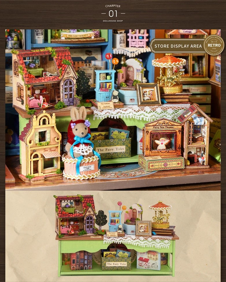 DIY Mini House kit featuring a whimsical miniature dollhouse store called “Once Upon a Time Dollhouse Shop,” with fairy tale décor, tiny dollhouses, and detailed interiors. Perfect for DIY and crafts lovers, miniature mansion collectors, and book nook enthusiasts looking for magical craft ideas.