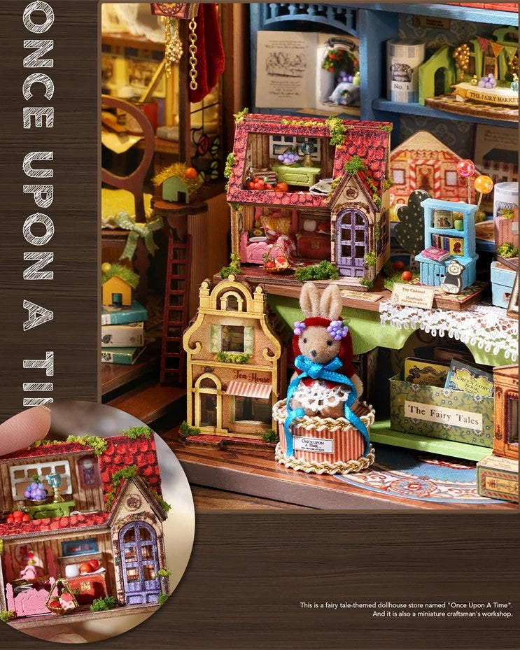DIY Mini House kit featuring a whimsical miniature dollhouse store called “Once Upon a Time Dollhouse Shop,” with fairy tale décor, tiny dollhouses, and detailed interiors. Perfect for DIY and crafts lovers, miniature mansion collectors, and book nook enthusiasts looking for magical craft ideas.