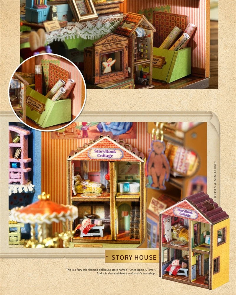 DIY Mini House kit featuring a whimsical miniature dollhouse store called “Once Upon a Time Dollhouse Shop,” with fairy tale décor, tiny dollhouses, and detailed interiors. Perfect for DIY and crafts lovers, miniature mansion collectors, and book nook enthusiasts looking for magical craft ideas.