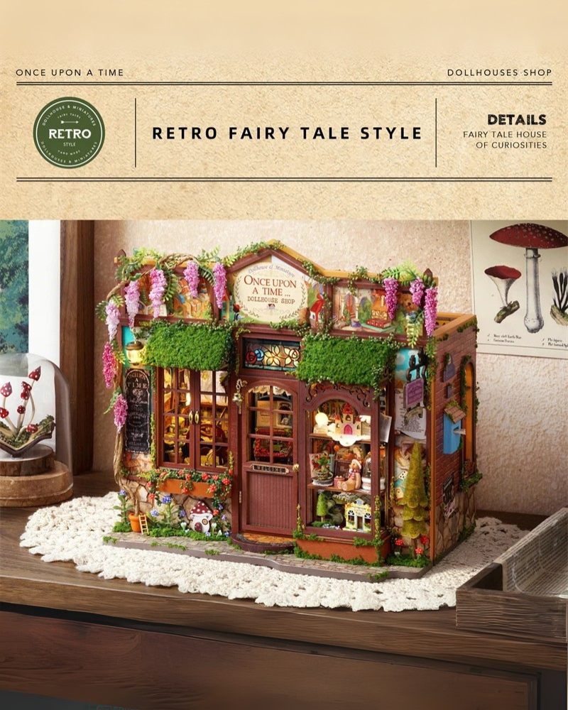 DIY Mini House kit featuring a whimsical miniature dollhouse store called “Once Upon a Time Dollhouse Shop,” with fairy tale décor, tiny dollhouses, and detailed interiors. Perfect for DIY and crafts lovers, miniature mansion collectors, and book nook enthusiasts looking for magical craft ideas.