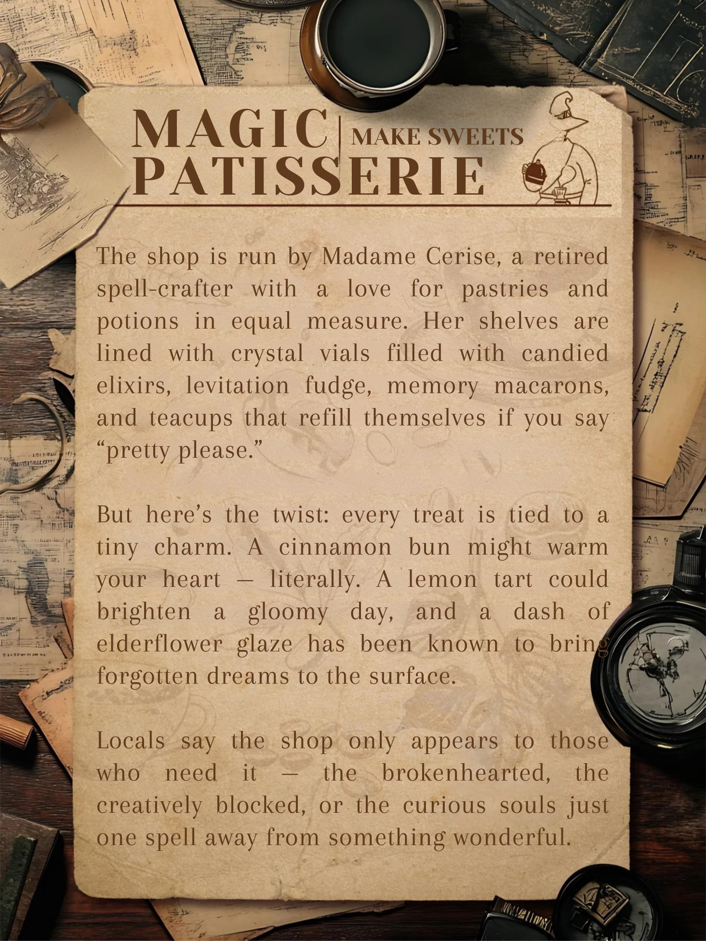 DIY miniature kit featuring “Potion Patisserie,” a whimsical cake and potion shop. Includes magical decor, sweets, golden teapots, and a black cat. Ideal for DIY and crafts lovers, fantasy collectors, and tiny dollhouse hobbyists.