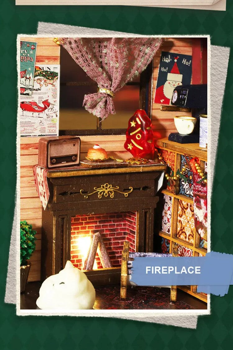 DIY miniature Christmas shop called “Jolly & Pine Christmas Shoppe,” featuring snow-dusted rooftops, holiday lights, a sleigh, Christmas tree, and cozy window displays. Ideal for holiday crafts, DIY mini home kits, and miniature house collectors.