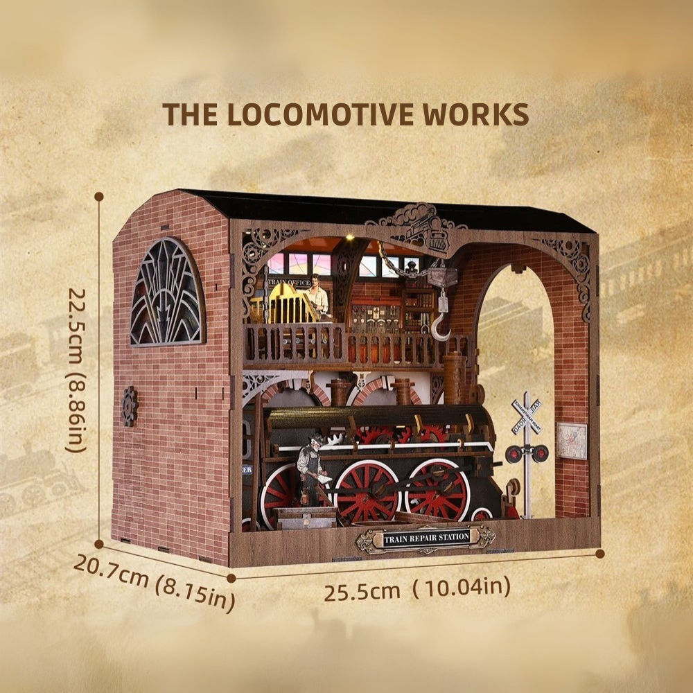 DIY miniature house kit of a vintage locomotive train repair station with intricate gears, scale model train, and glowing interior lights – perfect for craft ideas, DIY and crafts, miniature mansion lovers, and DIY book nook kit collectors.