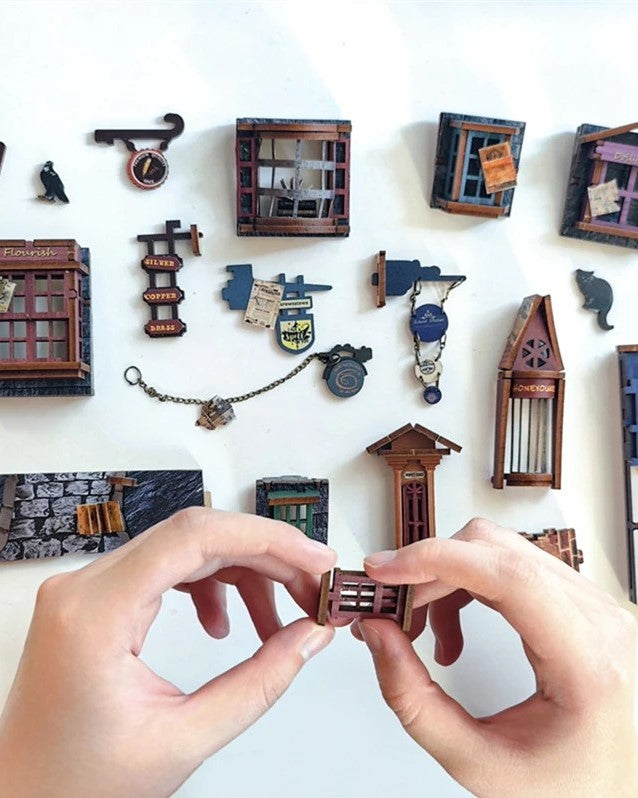 DIY Magic Night Alley book nook kit styled like a wizard’s alley, featuring magical props and glowing details — perfect for DIY and crafts, making miniatures, and book-lover gifts.