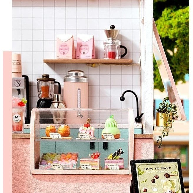 DIY miniature tea shop kit with pastel counters, bubble tea decor, and tiny accessories — perfect for miniatures lovers, DIY crafts, book nook fans, and small DIY house projects.