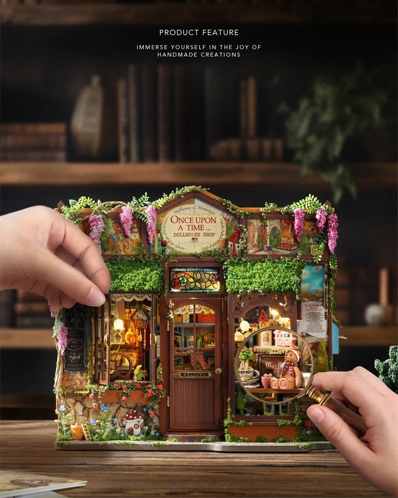 DIY Mini House kit featuring a whimsical miniature dollhouse store called “Once Upon a Time Dollhouse Shop,” with fairy tale décor, tiny dollhouses, and detailed interiors. Perfect for DIY and crafts lovers, miniature mansion collectors, and book nook enthusiasts looking for magical craft ideas.