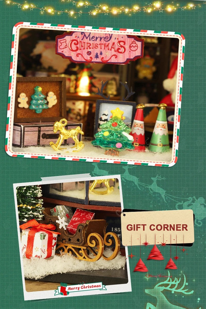 DIY miniature Christmas shop called “Jolly & Pine Christmas Shoppe,” featuring snow-dusted rooftops, holiday lights, a sleigh, Christmas tree, and cozy window displays. Ideal for holiday crafts, DIY mini home kits, and miniature house collectors.