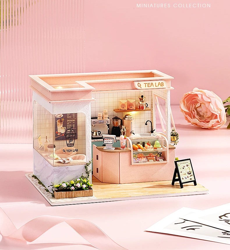 DIY miniature tea shop kit with pastel counters, bubble tea decor, and tiny accessories — perfect for miniatures lovers, DIY crafts, book nook fans, and small DIY house projects.