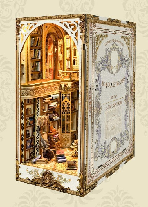 DIY Victorian library book nook kit with wooden shelves, tiny books, and vintage chair — perfect for miniature lovers, book nook fans, and DIY crafts.