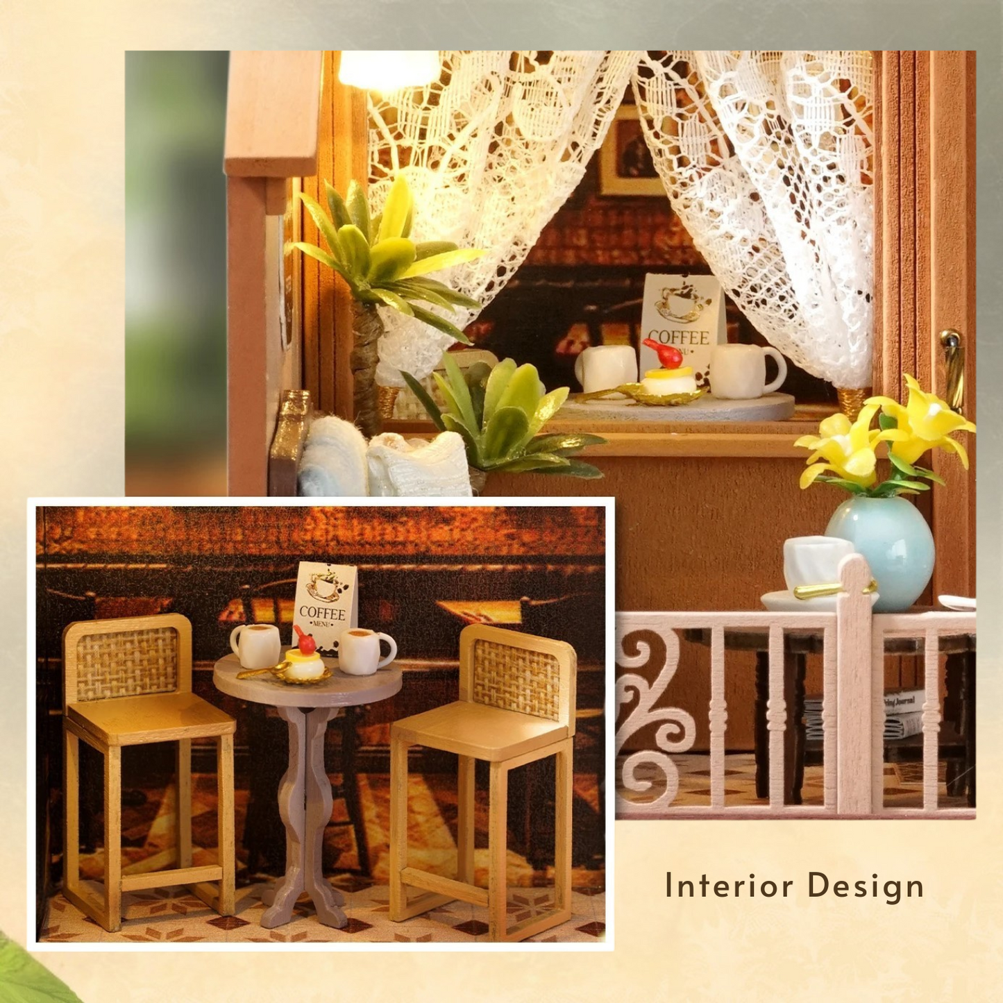 DIY mini house kit “Perch & Latte Loft,” featuring a cozy two-story coffee shop with a glowing café interior, reading nook, lace-curtained loft, and tiny desserts. A warm and detailed build for DIY and crafts lovers and fans of miniature homes.