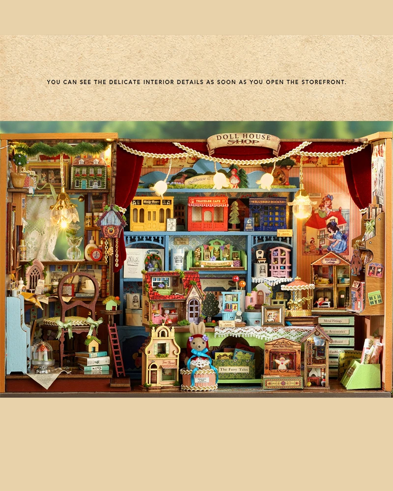 DIY Mini House kit featuring a whimsical miniature dollhouse store called “Once Upon a Time Dollhouse Shop,” with fairy tale décor, tiny dollhouses, and detailed interiors. Perfect for DIY and crafts lovers, miniature mansion collectors, and book nook enthusiasts looking for magical craft ideas.