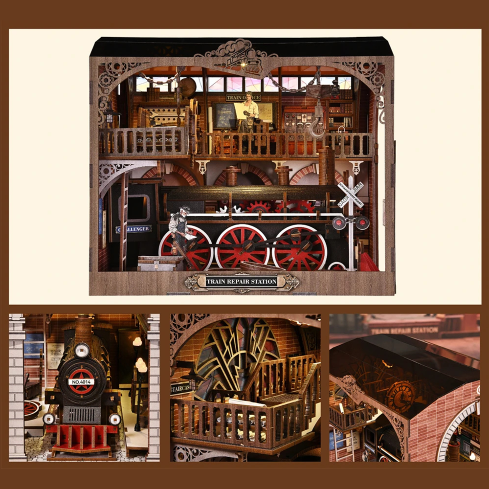 DIY miniature house kit of a vintage locomotive train repair station with intricate gears, scale model train, and glowing interior lights – perfect for craft ideas, DIY and crafts, miniature mansion lovers, and DIY book nook kit collectors.